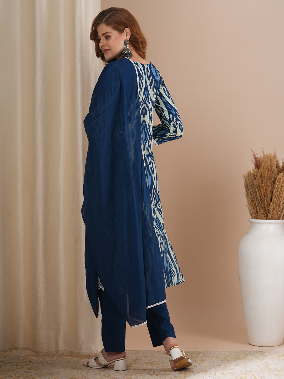 Ethnic Ikat Printed & Schiffli Embroidered Straight Kurta with Pant & Dupatta - Blue