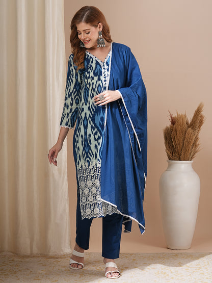 Ethnic Ikat Printed & Schiffli Embroidered Straight Kurta with Pant & Dupatta - Blue