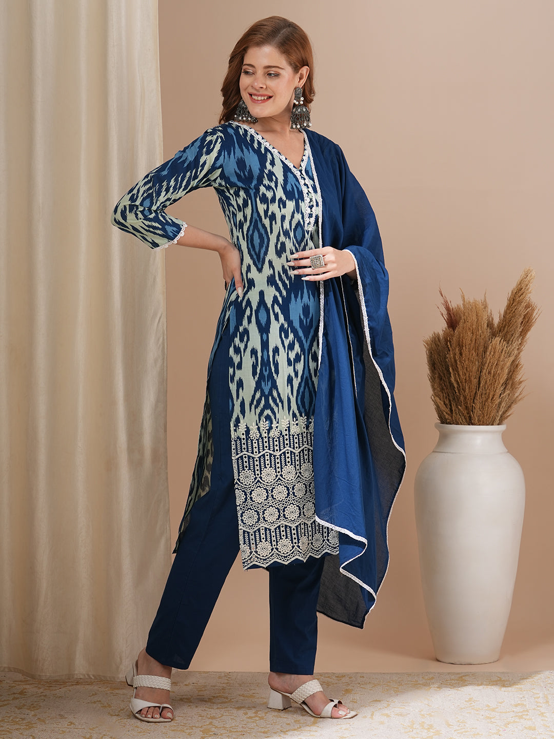 Ethnic Ikat Printed & Schiffli Embroidered Straight Kurta with Pant & Dupatta - Blue