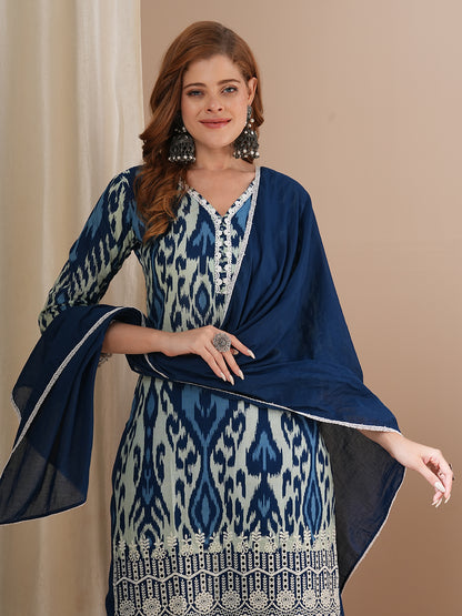 Ethnic Ikat Printed & Schiffli Embroidered Straight Kurta with Pant & Dupatta - Blue