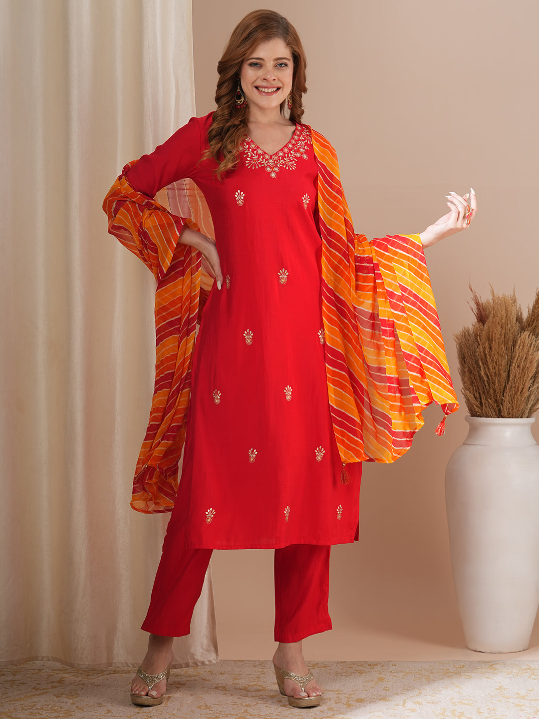 Solid Floral Pitthan Embroidered Straight Kurta with Pant & Leheriya Dupatta - Red