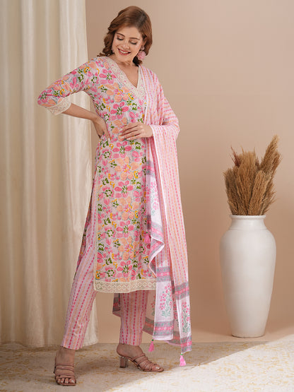 Floral Printed & Embroidered Straight Kurta with Pant & Dupatta - Pink