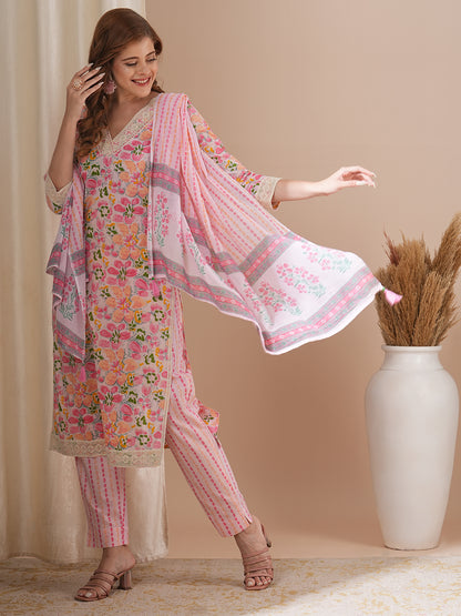 Floral Printed & Embroidered Straight Kurta with Pant & Dupatta - Pink