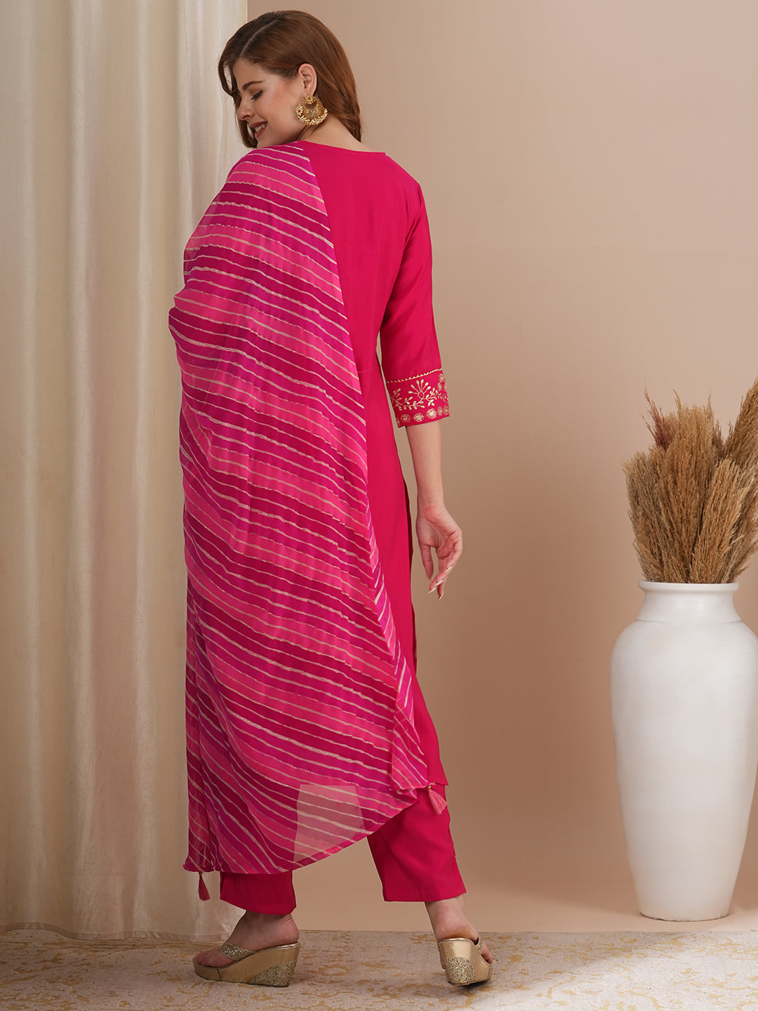 Solid Floral Pitthan Embroidered Straight Kurta with Pant & Leheriya Dupatta - Pink