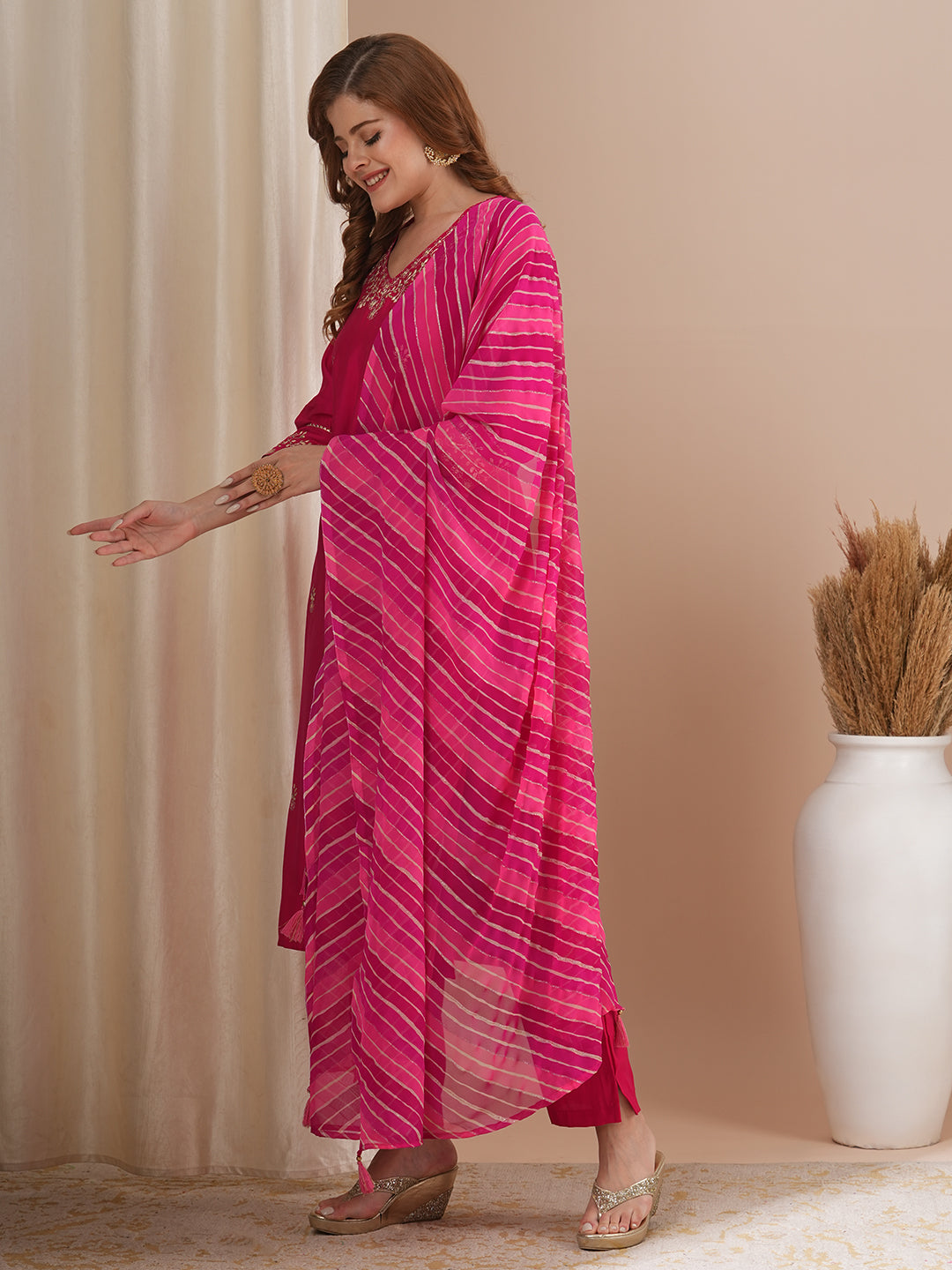 Solid Floral Pitthan Embroidered Straight Kurta with Pant & Leheriya Dupatta - Pink