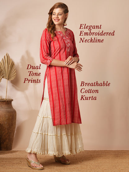 Ethnic Stripes Printed & Embroidered Straight Fit Kurta - Red