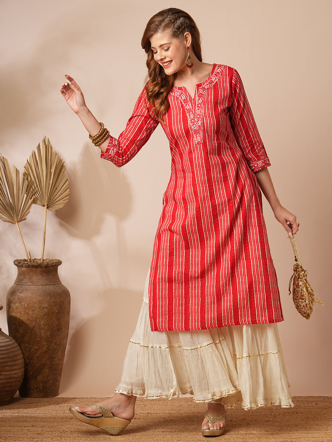 Ethnic Stripes Printed & Embroidered Straight Fit Kurta - Red