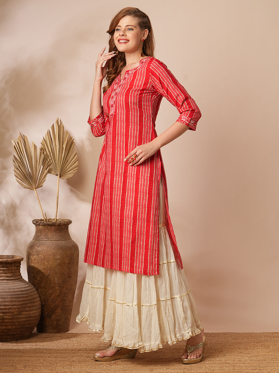 Ethnic Stripes Printed & Embroidered Straight Fit Kurta - Red