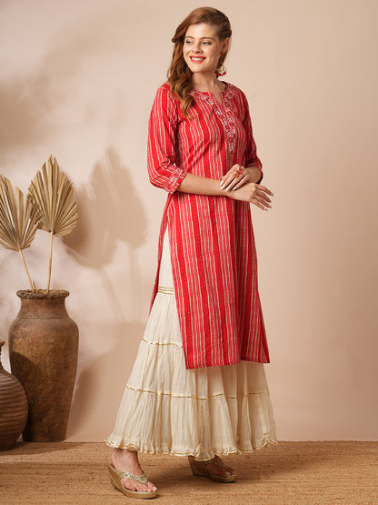 Ethnic Stripes Printed & Embroidered Straight Fit Kurta - Red