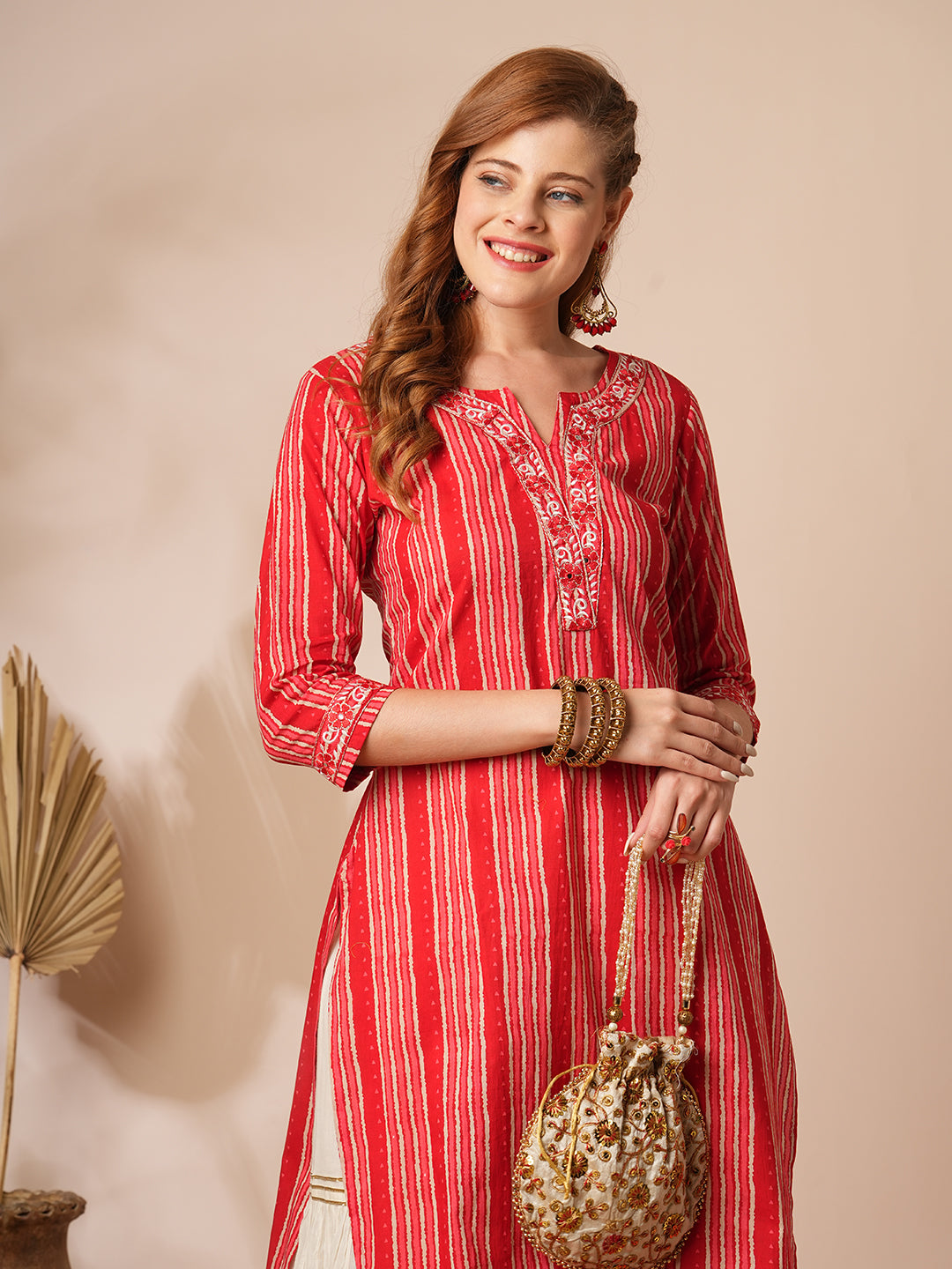 Ethnic Stripes Printed & Embroidered Straight Fit Kurta - Red