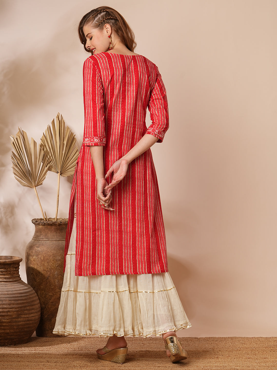 Ethnic Stripes Printed & Embroidered Straight Fit Kurta - Red