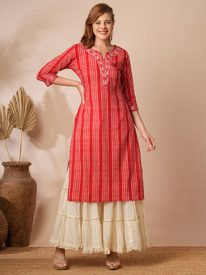 Ethnic Stripes Printed & Embroidered Straight Fit Kurta - Red