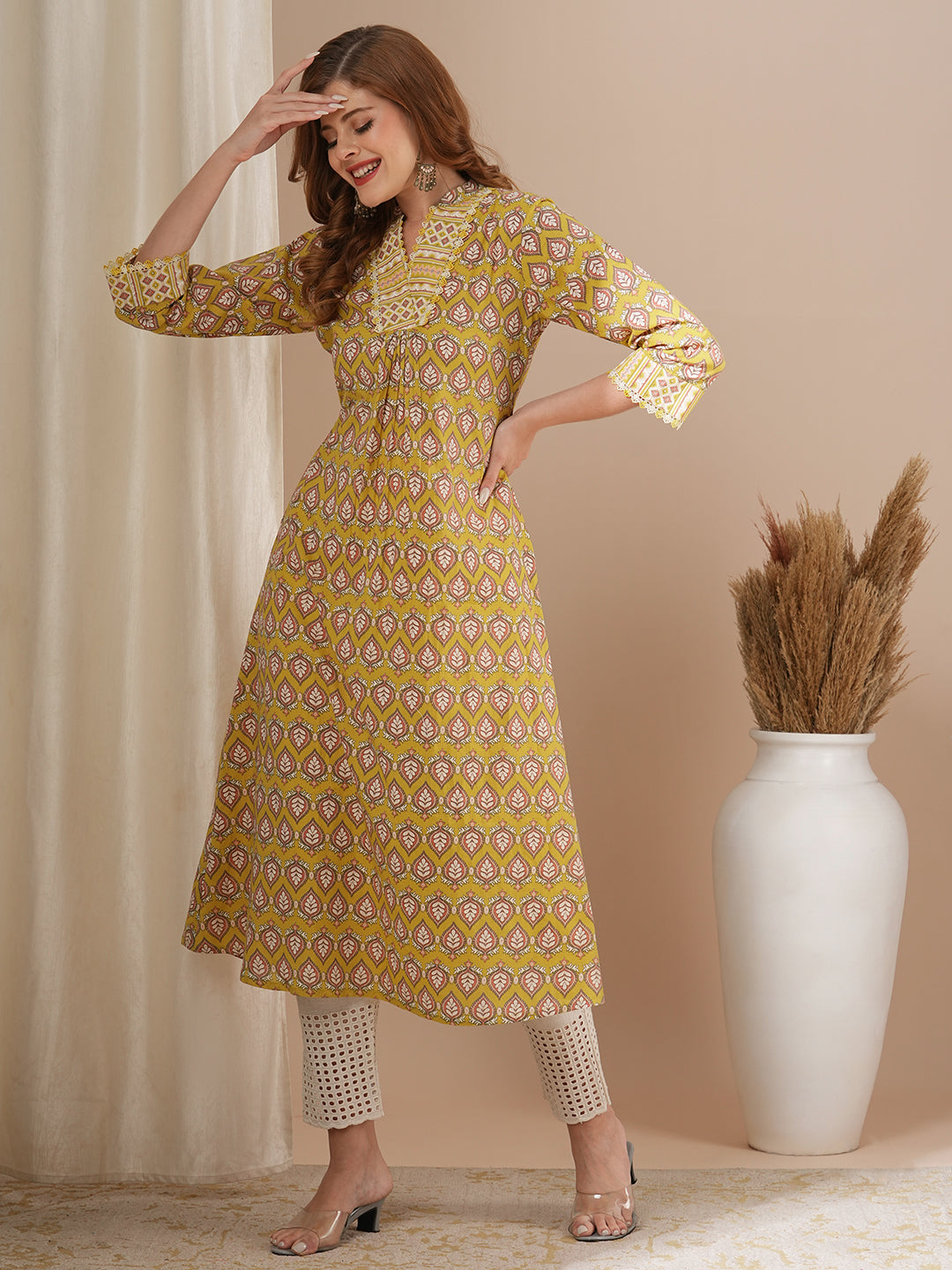 Ethnic Khari Printed A-Line Flared Kurta - Yellow