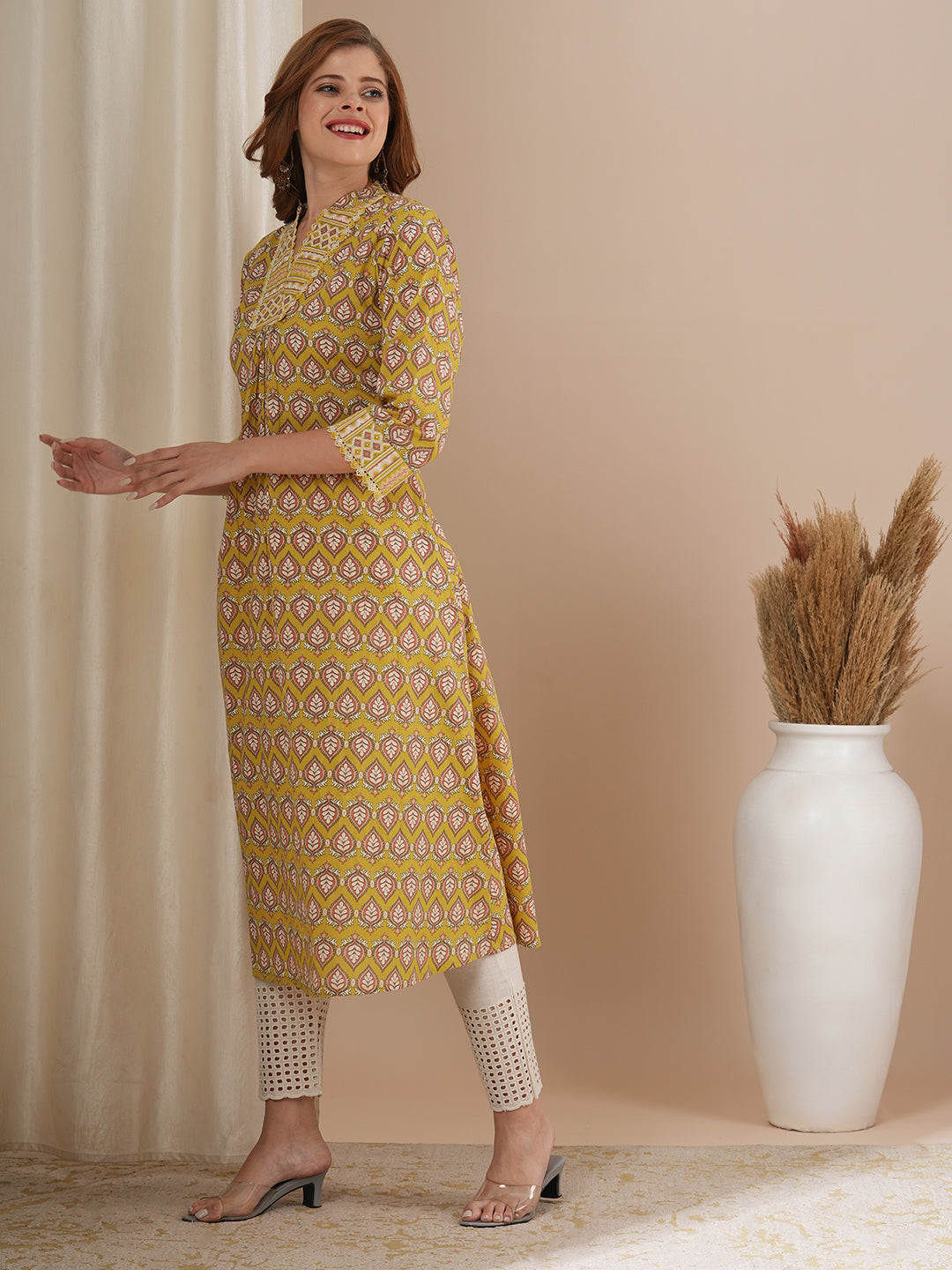 Ethnic Khari Printed A-Line Flared Kurta - Yellow