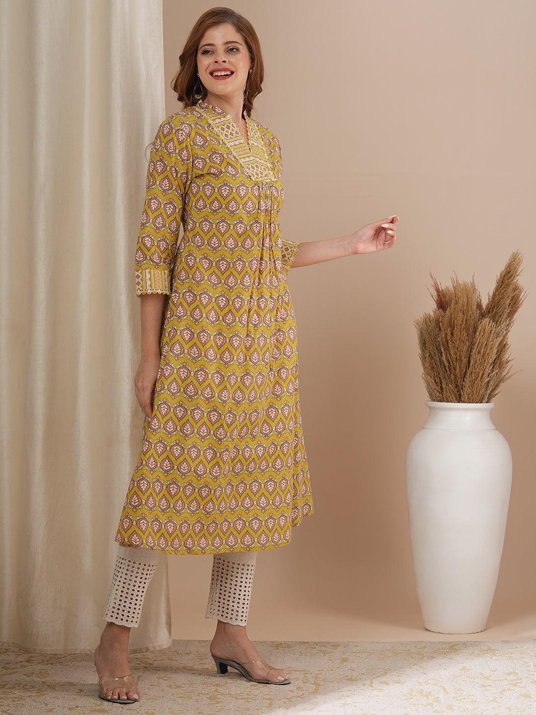 Ethnic Khari Printed A-Line Flared Kurta - Yellow