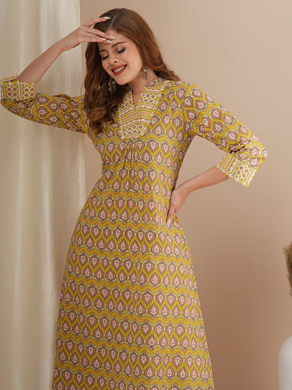 Ethnic Khari Printed A-Line Flared Kurta - Yellow