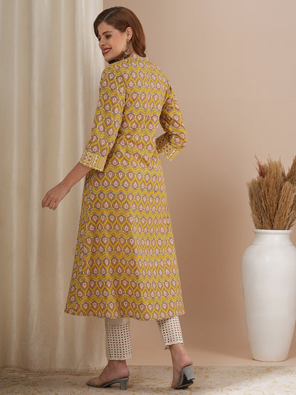 Ethnic Khari Printed A-Line Flared Kurta - Yellow