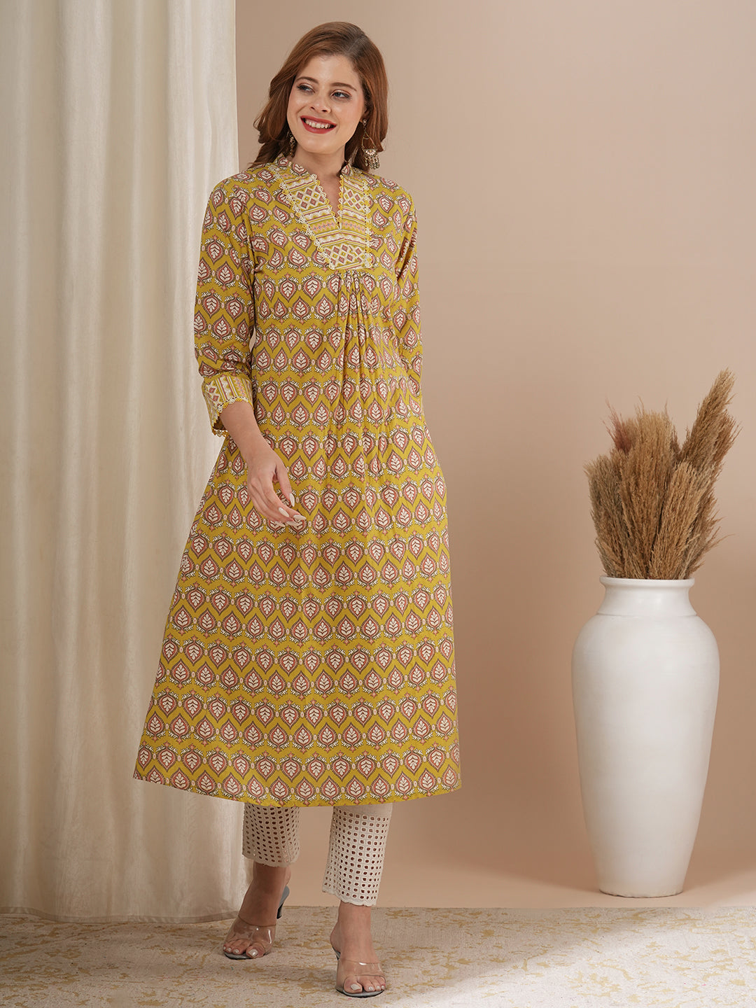 Ethnic Khari Printed A-Line Flared Kurta - Yellow