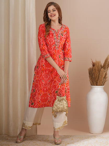 Abstract Printed & Zari Embroidered Straight Fit Kurta - Pink