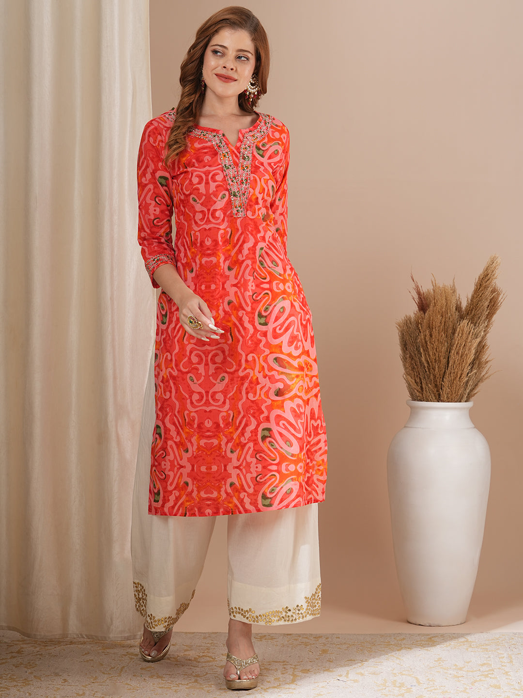 Abstract Printed & Zari Embroidered Straight Fit Kurta - Pink