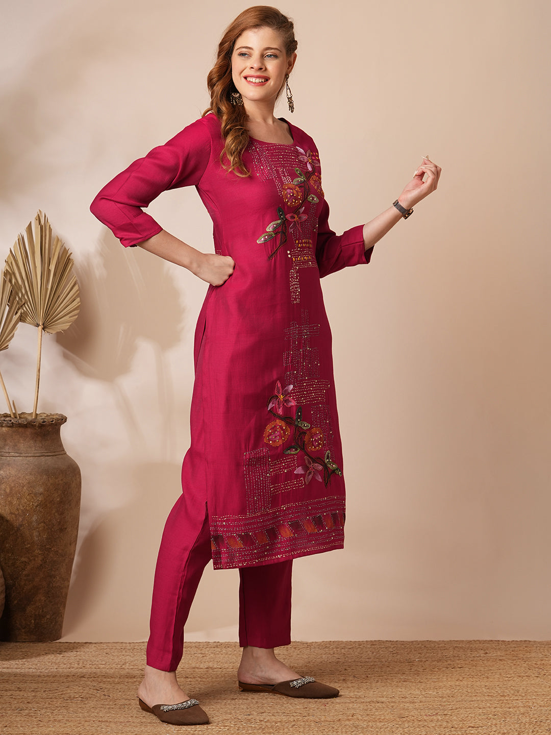 Solid Floral Hand Embroidered Straight Fit Co-ord Set - Magenta