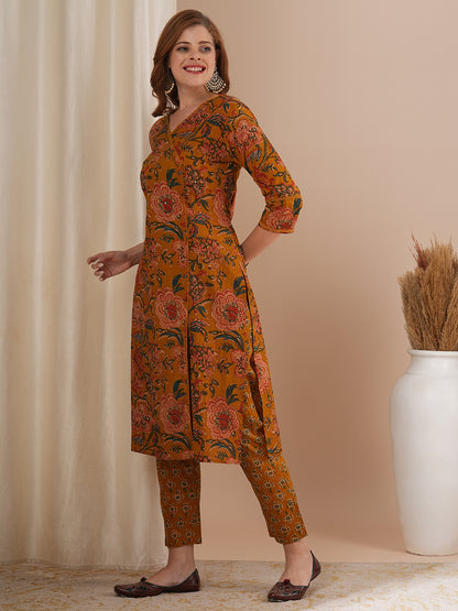 Ethnic Floral Printed Straight Fit Kurta with Pant - Mustard