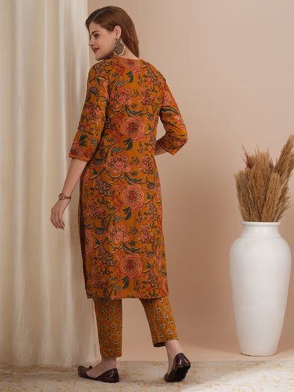 Ethnic Floral Printed Straight Fit Kurta with Pant - Mustard