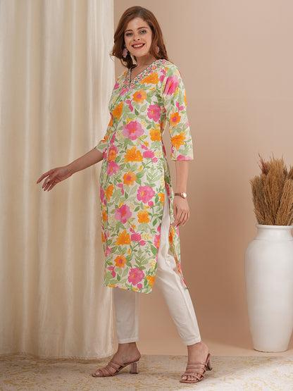 Abstract Floral Printed & Embroidered Straight Kurta with Pant - Multi