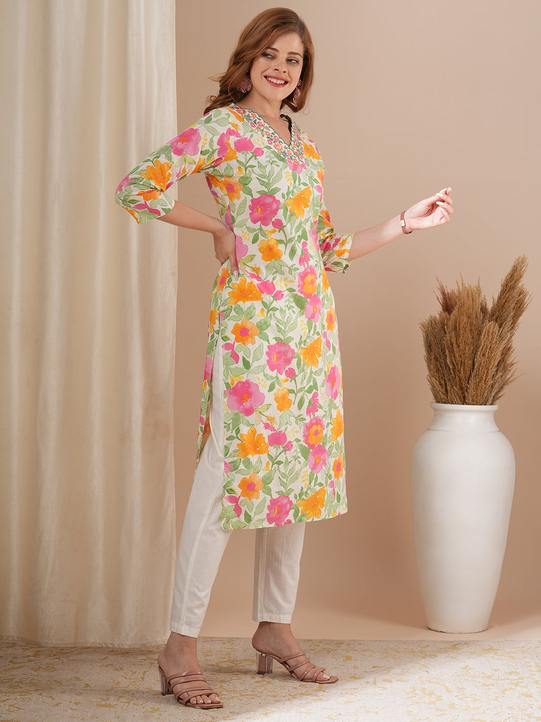 Abstract Floral Printed & Embroidered Straight Kurta with Pant - Multi