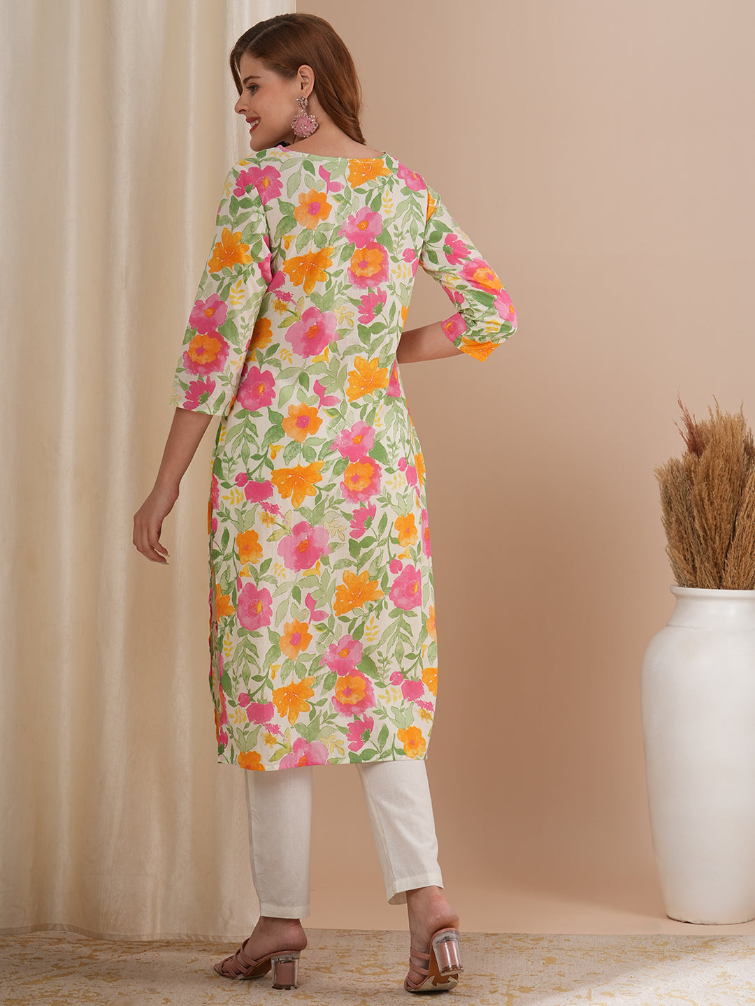 Abstract Floral Printed & Embroidered Straight Kurta with Pant - Multi