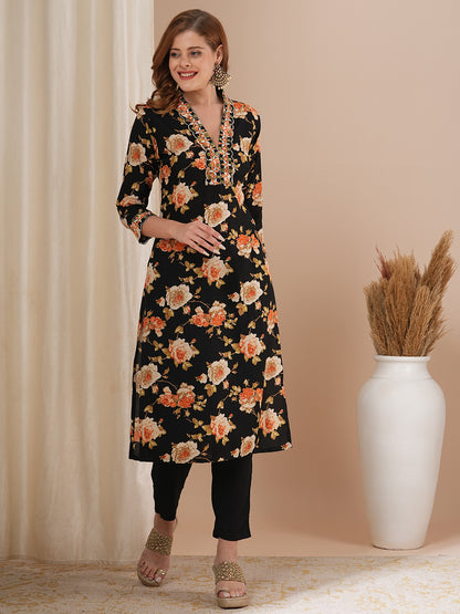 Floral Printed Embroidered Straight Fit Kurta with Pant - Black