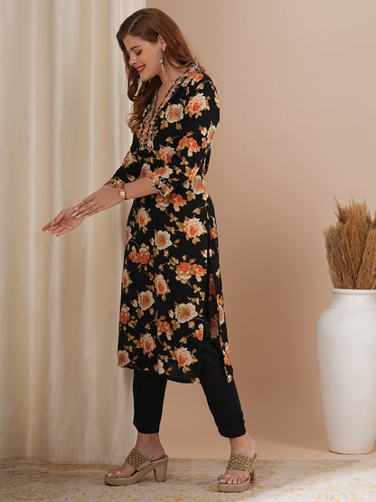 Floral Printed Embroidered Straight Fit Kurta with Pant - Black