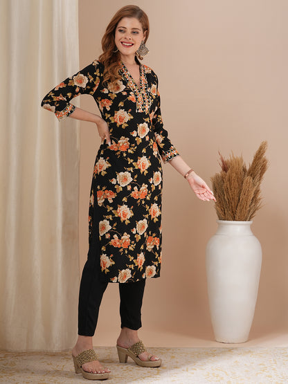 Floral Printed Embroidered Straight Fit Kurta with Pant - Black