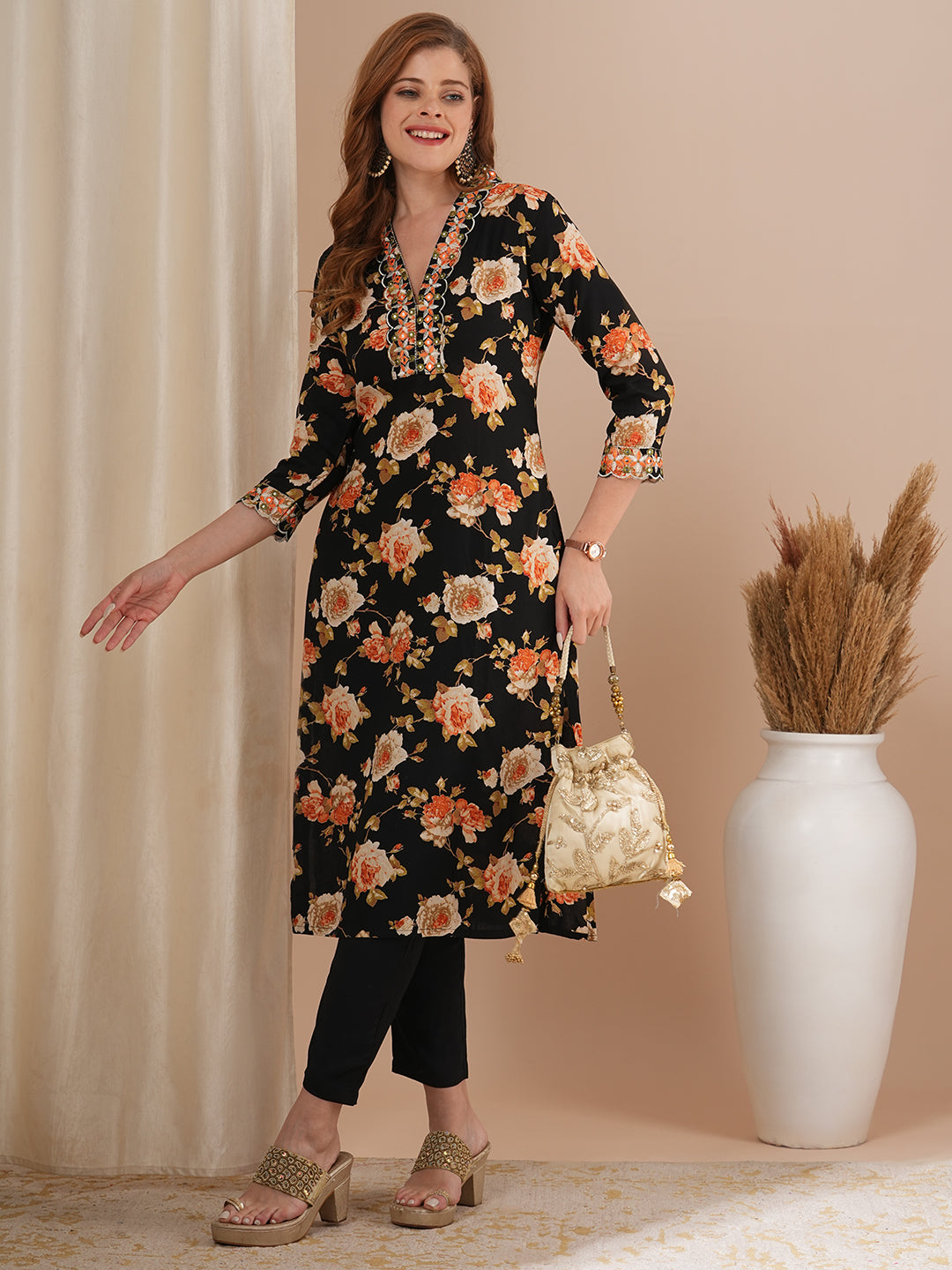 Floral Printed Embroidered Straight Fit Kurta with Pant - Black