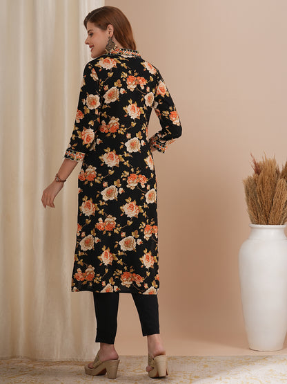 Floral Printed Embroidered Straight Fit Kurta with Pant - Black