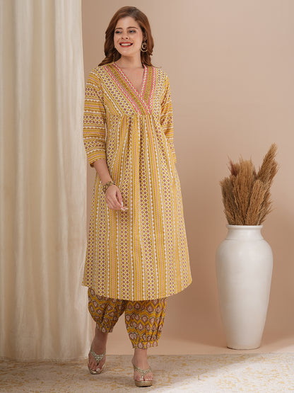 Ethnic Stipes Printed A-Line Pleated Kurta with Balloon Pant - Yellow