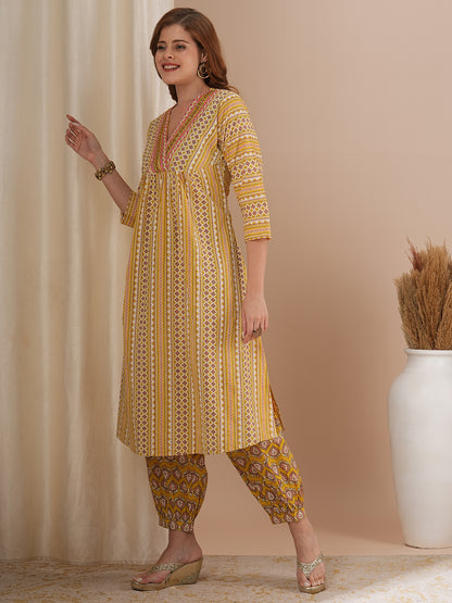 Ethnic Stipes Printed A-Line Pleated Kurta with Balloon Pant - Yellow