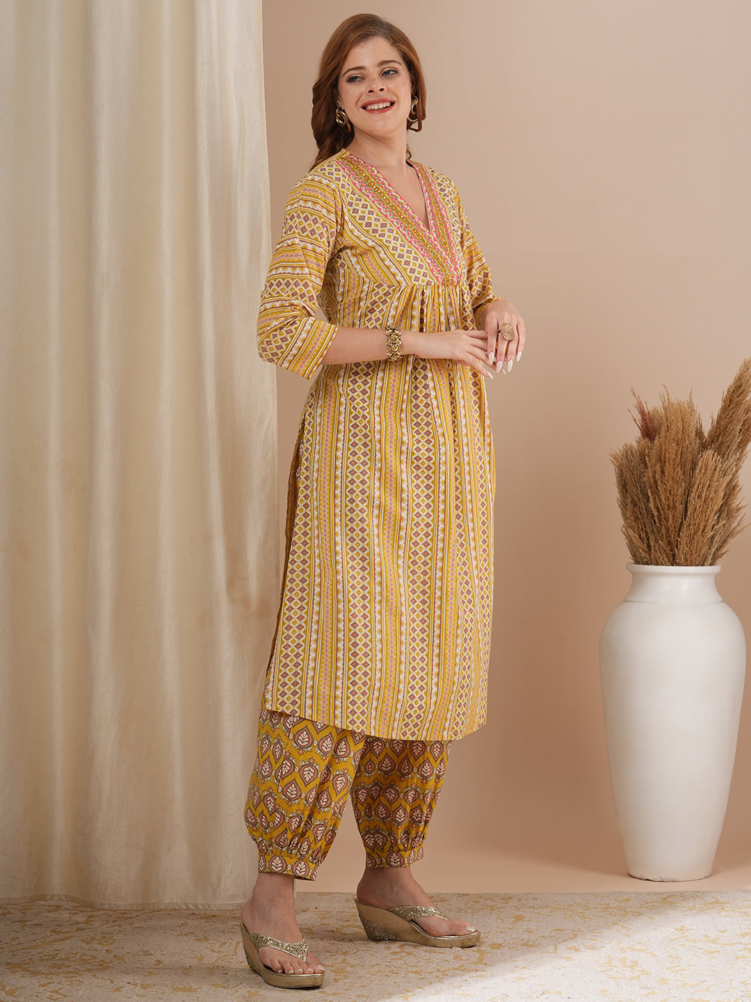 Ethnic Stipes Printed A-Line Pleated Kurta with Balloon Pant - Yellow