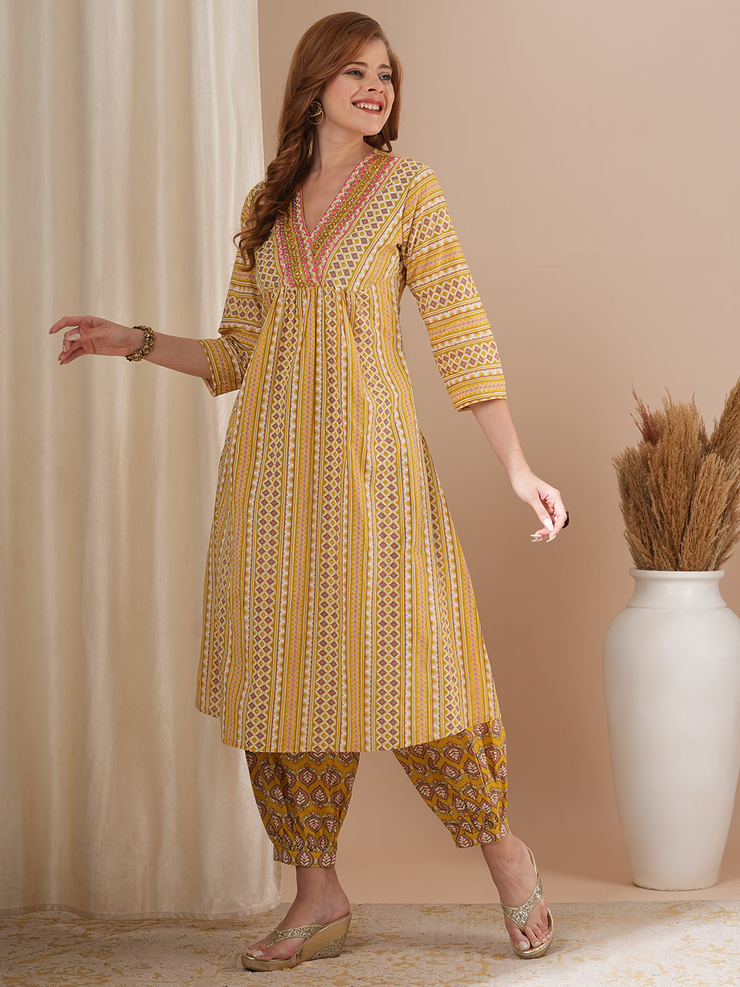 Ethnic Stipes Printed A-Line Pleated Kurta with Balloon Pant - Yellow