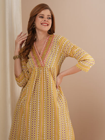 Ethnic Stipes Printed A-Line Pleated Kurta with Balloon Pant - Yellow