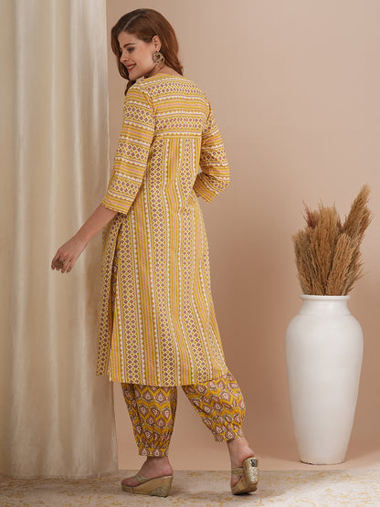 Ethnic Stipes Printed A-Line Pleated Kurta with Balloon Pant - Yellow