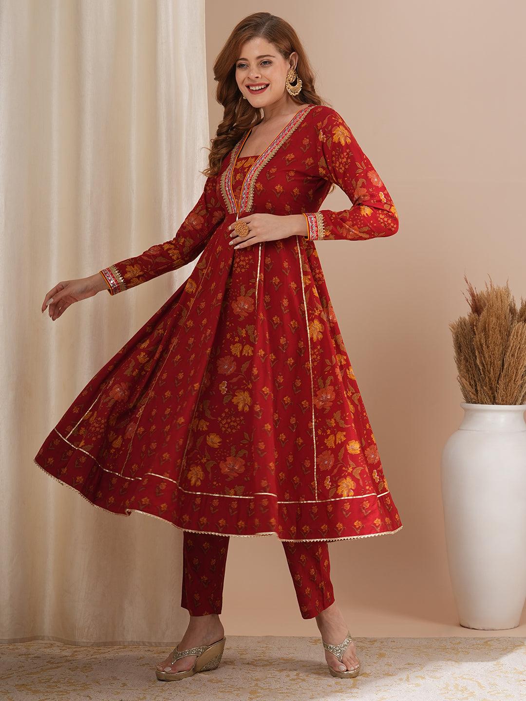 Ethnic Floral Printed & Embroidered Anarkali Kurta with Pant - Red