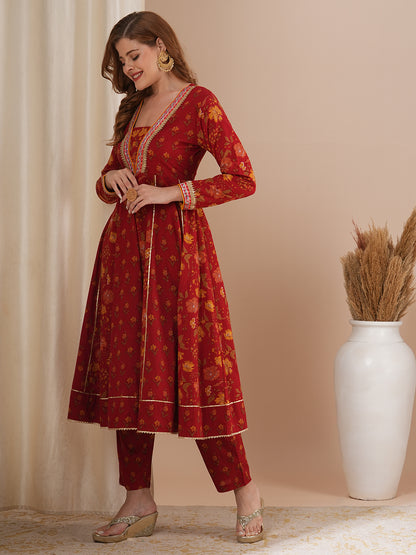 Ethnic Floral Printed & Embroidered Anarkali Kurta with Pant - Red