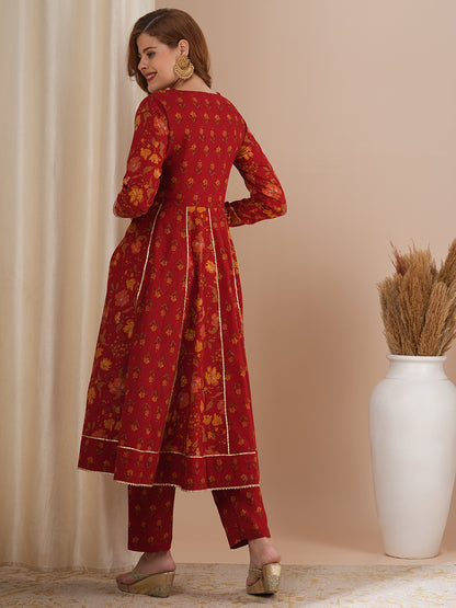 Ethnic Floral Printed & Embroidered Anarkali Kurta with Pant - Red