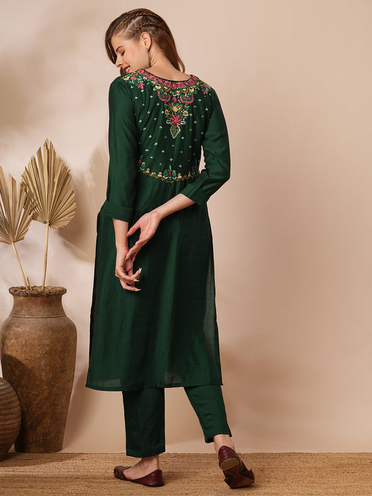 Solid Floral Hand Embroidered Straight Fit Co-ord Set - Green