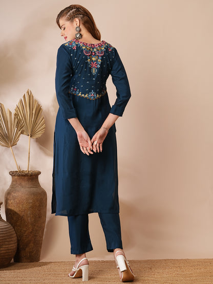 Solid Floral Hand Embroidered Straight Fit Co-ord Set - Teal Blue