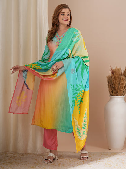 Solid Ombre Printed & Embroidered Straight Kurta with Pant and Dupatta - Multi