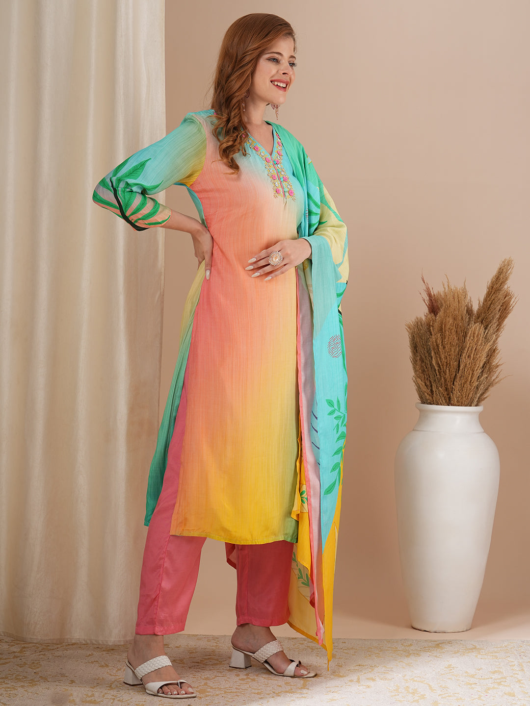 Solid Ombre Printed & Embroidered Straight Kurta with Pant and Dupatta - Multi