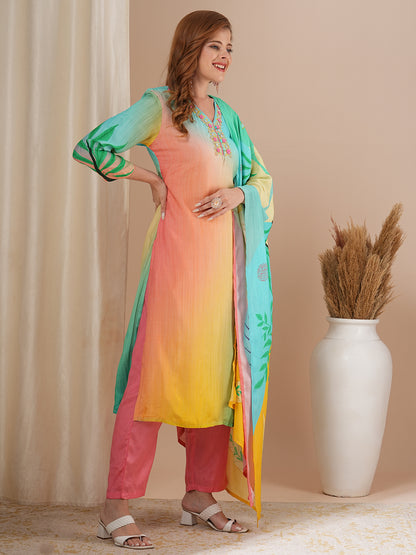 Solid Ombre Printed & Embroidered Straight Kurta with Pant and Dupatta - Multi