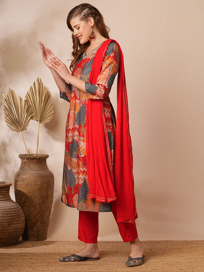 Floral Printed & Hand Embroidered Straight Kurta with Pant & Dupatta - Multi